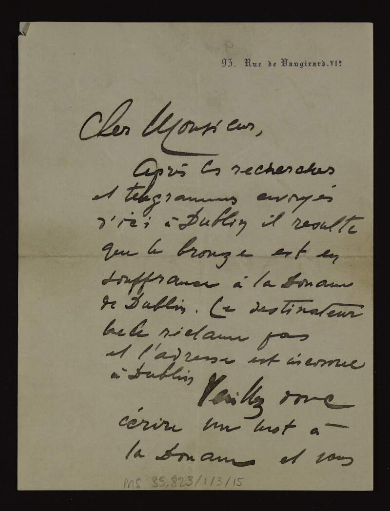 Letter from Naoum Aronson to Sir Hugh Lane informing him that the bust of Tolstoy is at Dublin customs,