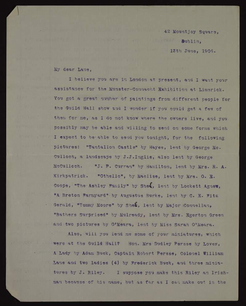Letter from Dermod O'Brien to Hugh Lane asking for his assistance in gathering pictures for an exhibition in Limerick,