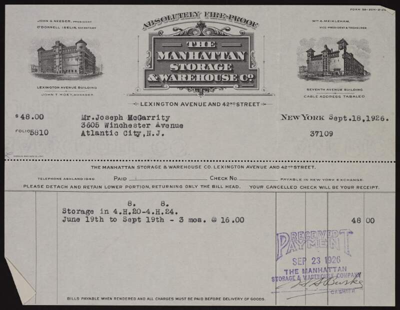 Bill issued by the Manhattan Storage and Warehouse Company to Joseph McGarrity for $48 for three months storage of material,