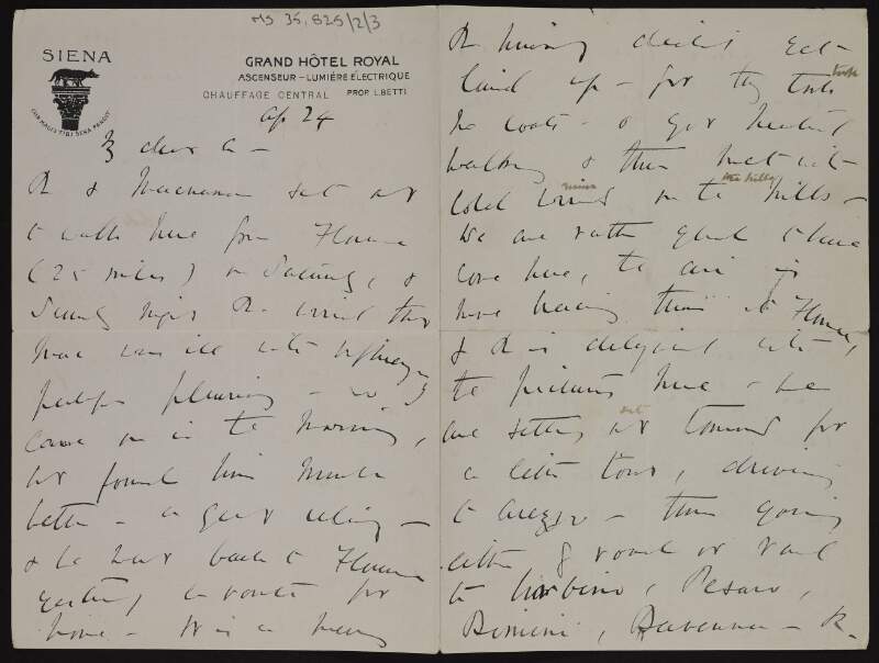 Letter from Lady Gregory to Frances Adelaide Lane giving news of her visit to Florence and the area around Siena,