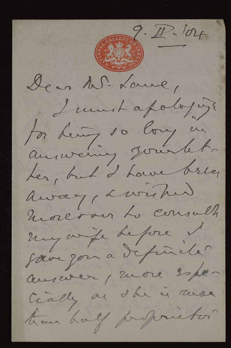 Letter from Walter Armstrong, Director of the National Gallery of Ireland, to Hugh Lane declining to lend his and his wife's pictures by Walter Osborne for the St Louis Exhibition,