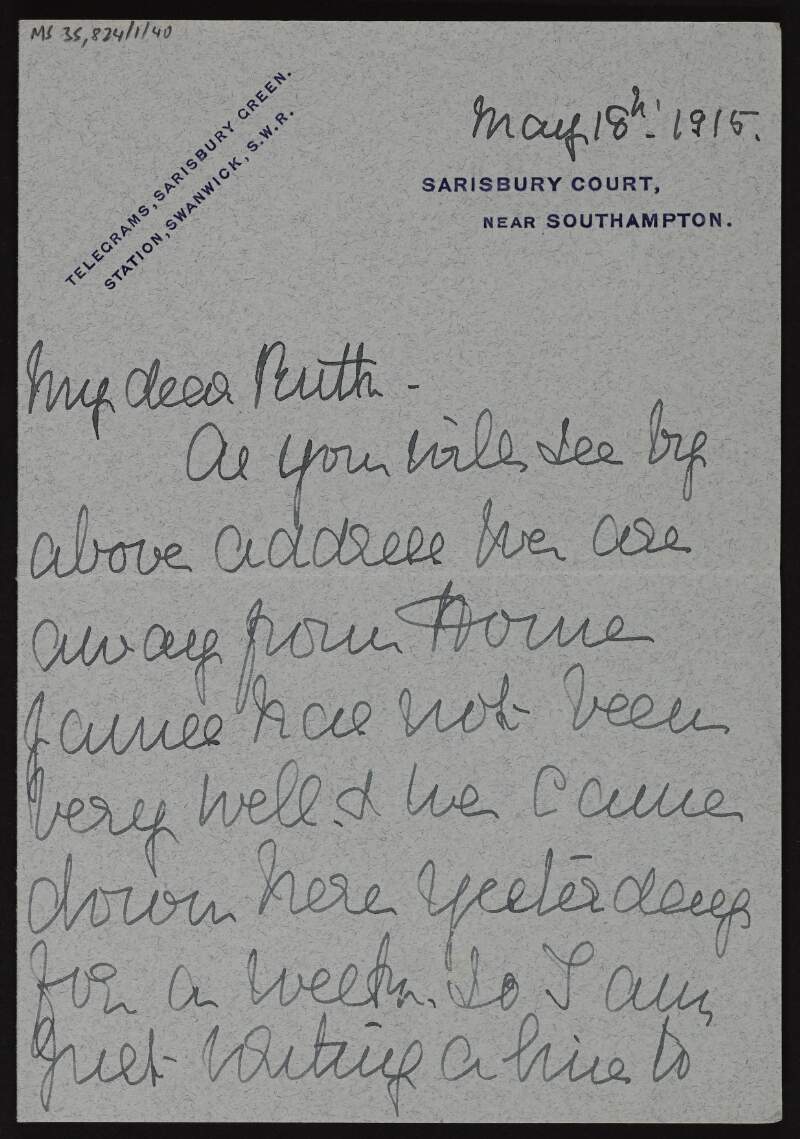 Letter of condolence from [Fannie Hotten?] to Ruth Shine about how they will not be able to be at the memorial service for Hugh Lane,