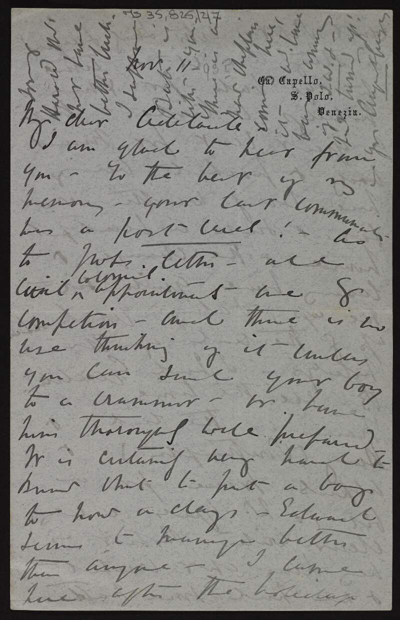 Letter from Lady Gregory to Frances Adelaide Lane about her stay in Venice from September until Christmas and "not much Galway news",