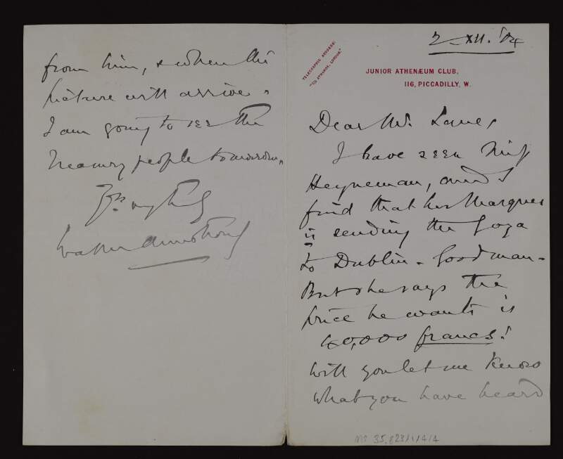 Letter from Walter Armstrong, Director of the National Gallery of Ireland, to Hugh Lane regarding a Goya worth 40,000 francs bound for Dublin,