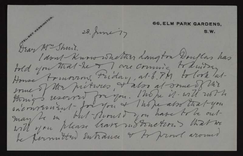 Letter from Dermod O'Brien to Ruth Shine informing her that he will call on her tomorrow with Langton Douglas to inspect pictures and asking her to leave instructions if she is out,