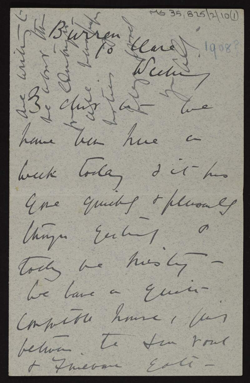 Letter from Lady Gregory to Frances Adelaide Lane regarding the former's visit to the Burren and giving news of individuals and events,