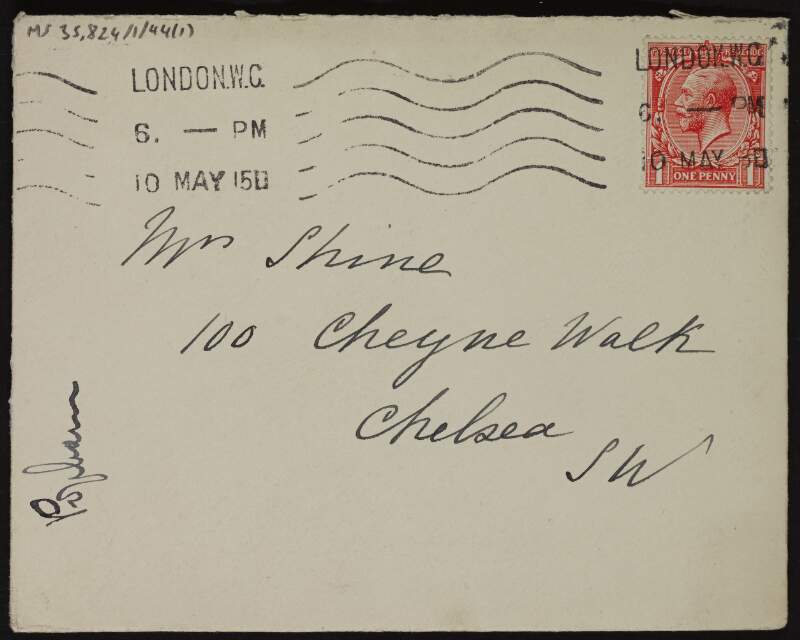 Letter of condolence from John F. Popham to Ruth Shine upon Hugh Lane's name not being on the list of survivors [from the RMS Lusitania] and the probability that he is now dead,