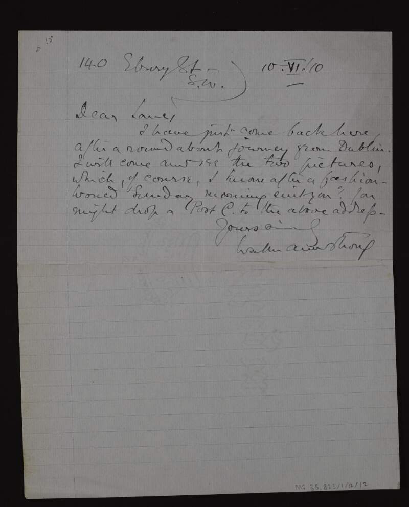Letter from Walter Armstrong, Director of the National Gallery of Ireland, to Hugh Lane asking for a suitable time to come to see two pictures,