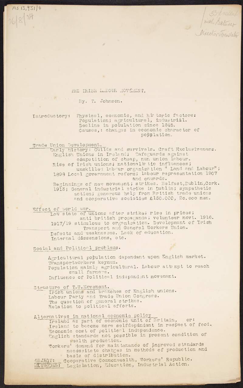 Circular showing the contents of a lecture entitled 'The Labour Movement' given by Thomas Johnson with subject headings such as trade union development, effect of world war amongst others,