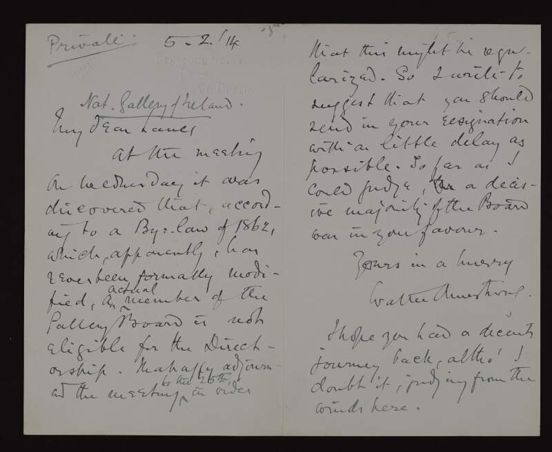 Letter from Walter Armstrong, Director of the National Gallery of Ireland, to Hugh Lane advising that he resign from the Board in order to be eligible for the post of Director,