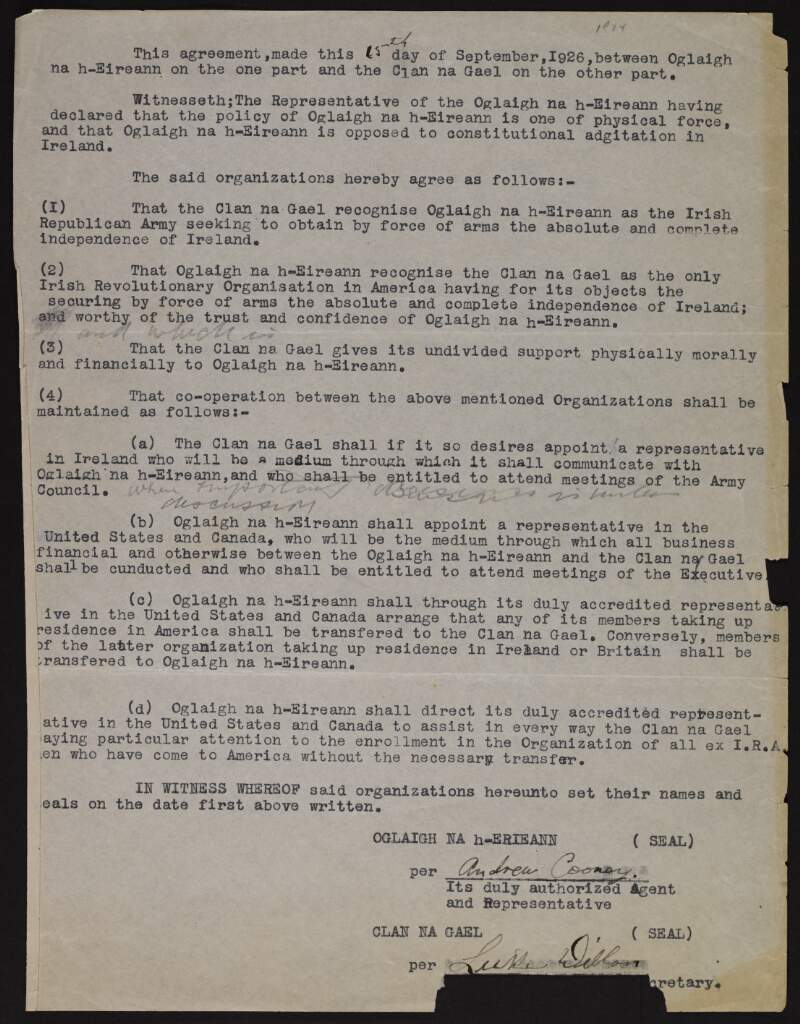 Letter and agreement signed by Andrew Cooney and Luke Dillon in which the Irish Republican Army and Clan-na-Gael recognise each other as partners in the goal of achieving complete Irish freedom by physical force,