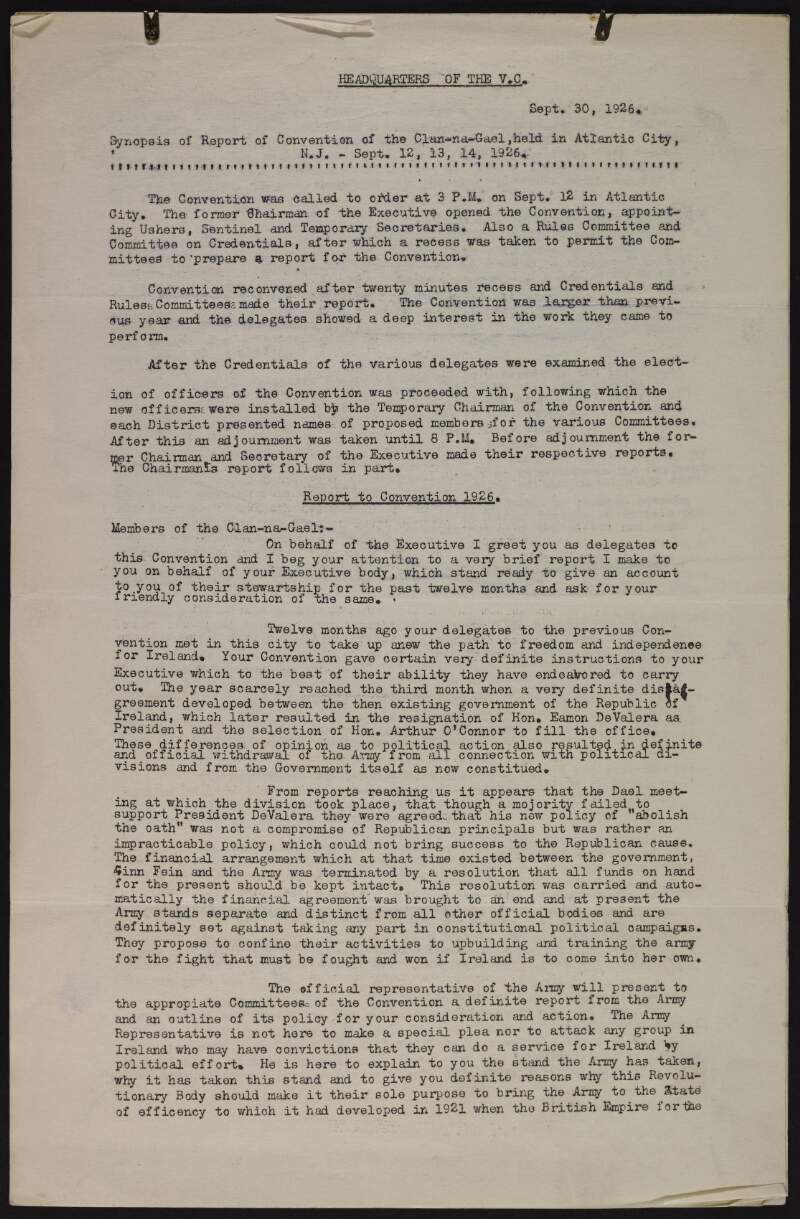 Synopsis of the report of the Clan-na-Gael Convention held in Atlantic City, New Jersey 12-14 September 1926, focusing on the Irish Republican Army and the use of force,