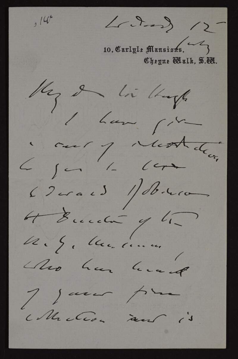 Letter from John Singer Sargent to Hugh Lane regarding his works,