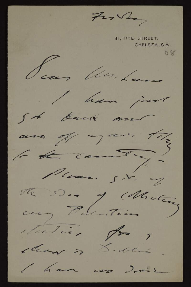 Letter from John Singer Sargent to Hugh Lane regarding an exhibition in Dublin,