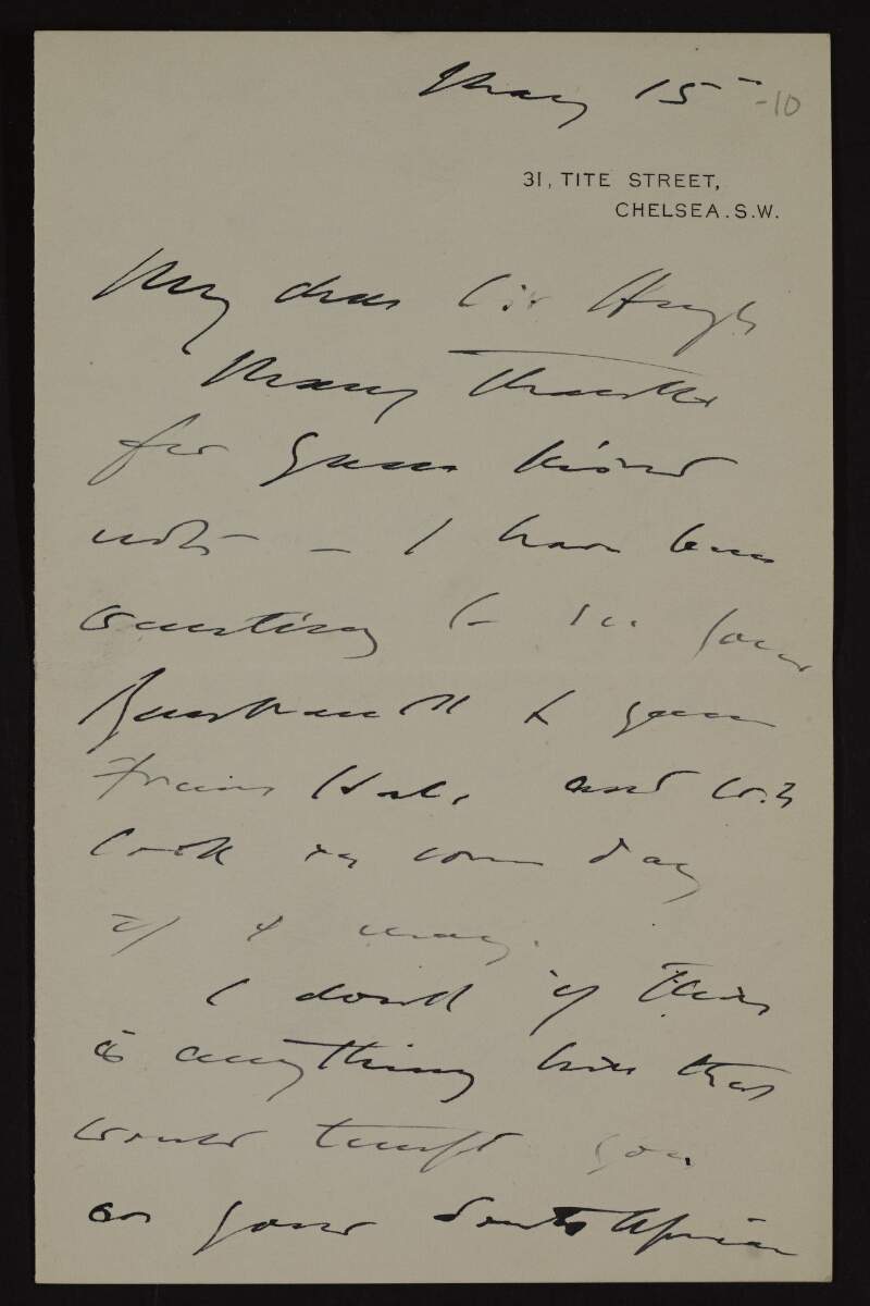 Letter from John Singer Sargent to Hugh Lane regarding pictures for exhibition and a work by Franz Hals,