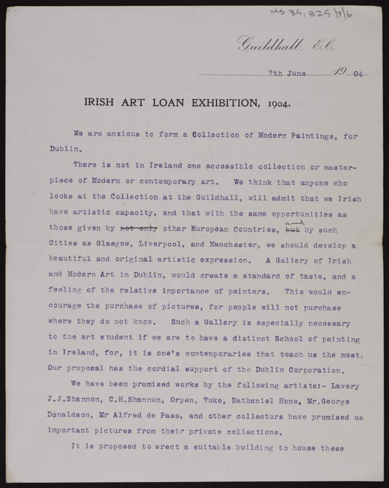 Draft circular on behalf of the provisional committee of the Irish Art Loan Exhibition promoting the establishment of a gallery of Irish and modern art in Dublin,