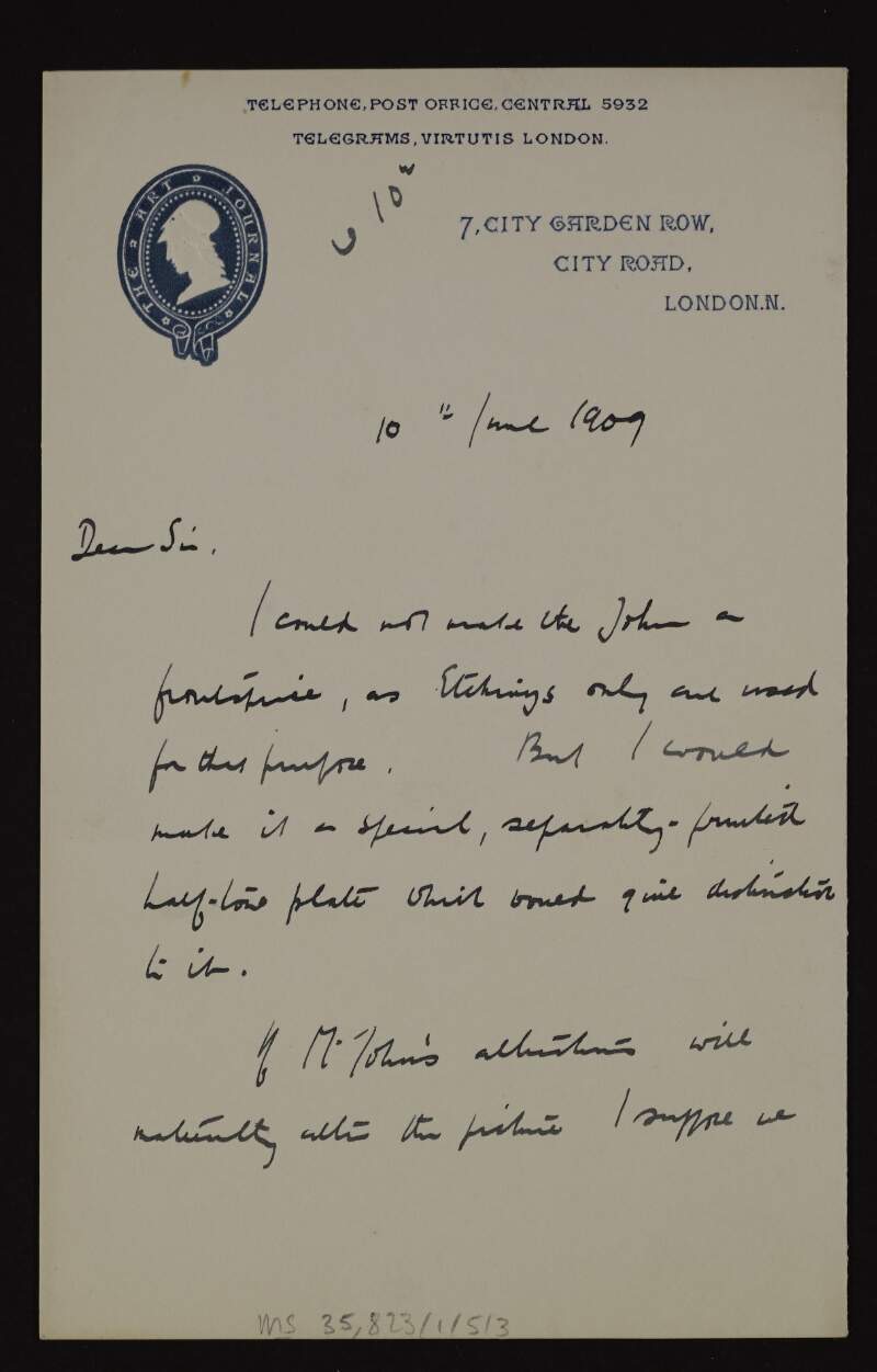 Letter from the editor of the 'Art Journal' to Hugh Lane regarding the publication of a picture by Augustus John,