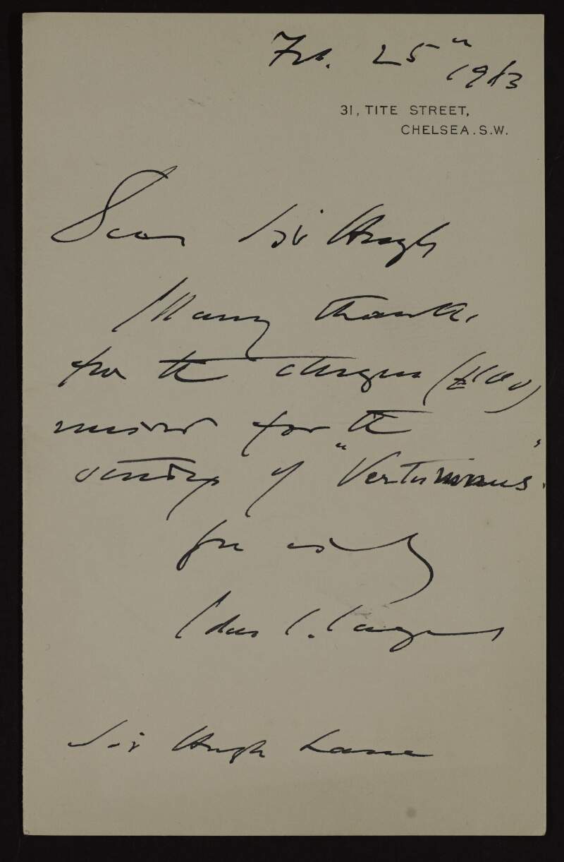 Letter from John Singer Sargent to Hugh Lane thanking him for a cheque for £100,