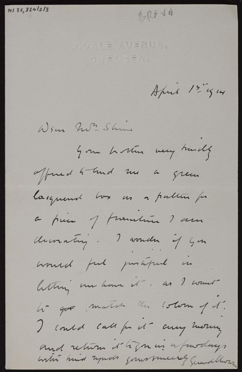 Letter from G. Baldwin Brown to Ruth Shine about a green lacquered box her brother, Hugh Lane, offered to lend and asking if she would mind if he had it,
