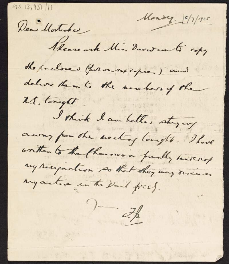 Letter from Thomas Johnson to unidentified author saying that he has finally written to the chairman and formally tendered his resignation so that his action may be discussed in the Dáil,