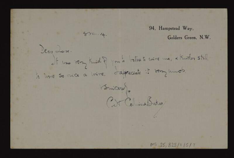 Letter from C. H. Collins Baker, Keeper of the National Gallery, London, to Hugh Lane thanking him for his telegram,