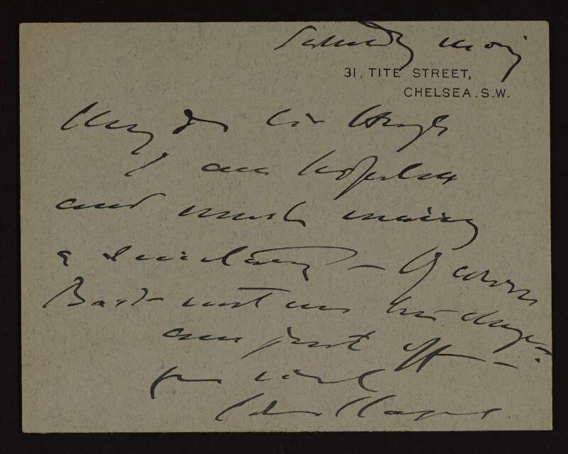 Letter from John Singer Sargent to Hugh Lane reading "I am hopeless and must marry a secretary",