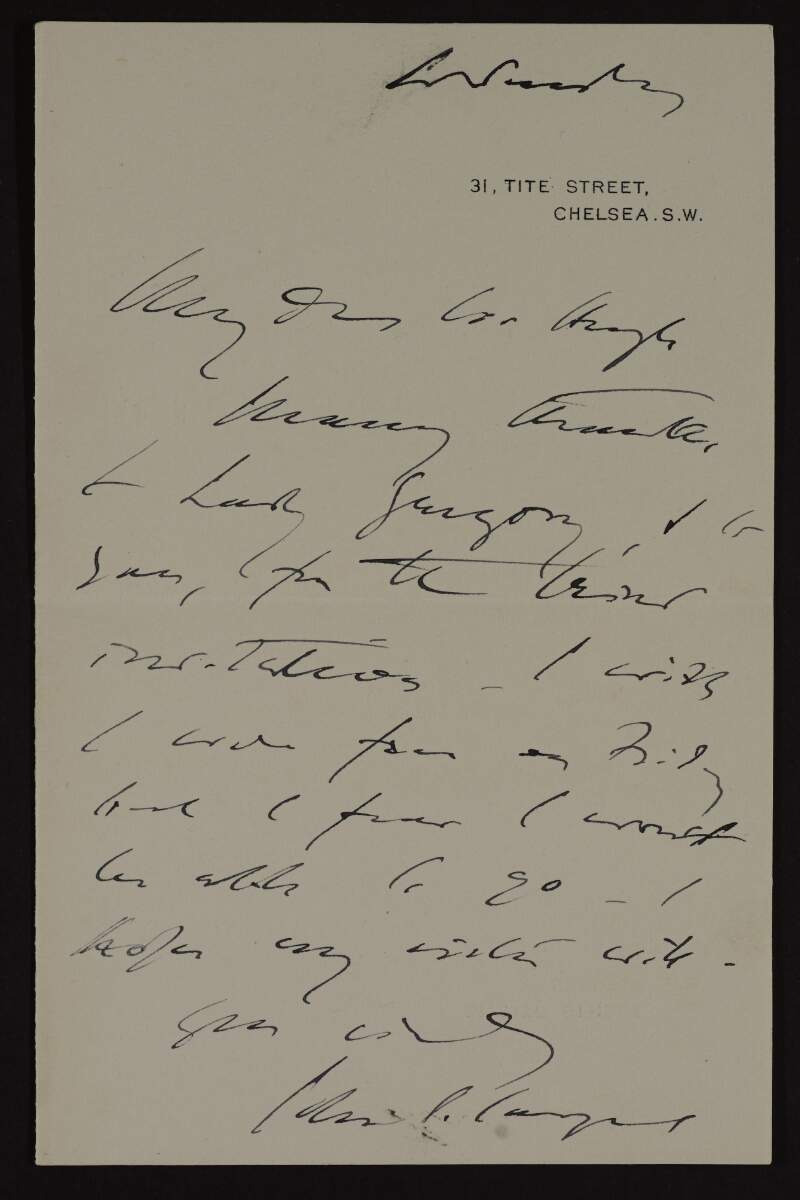 Letter from John Singer Sargent to Hugh Lane declining an invitation from Lane and Lady Gregory,