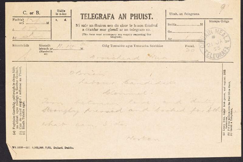 Copy of telegram from William O'Brien to William Norton in Newbridge regarding the 1933 General Election,