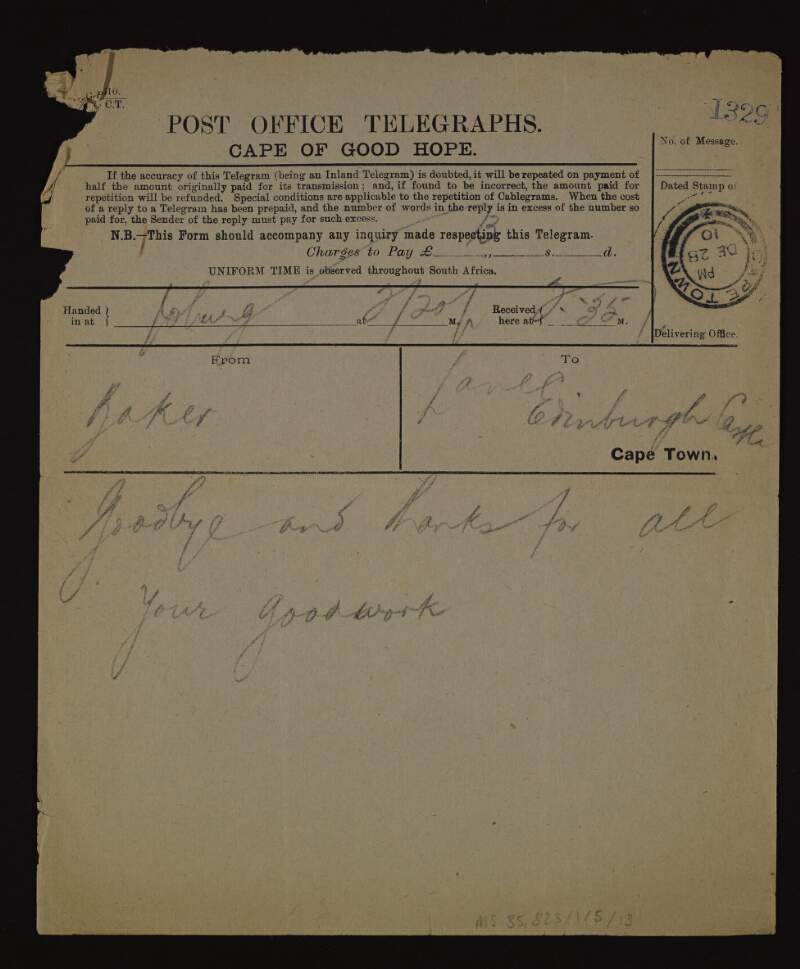 Telegram from Herbert Baker to Hugh Lane reading "Goodbye and thanks for all your good work",