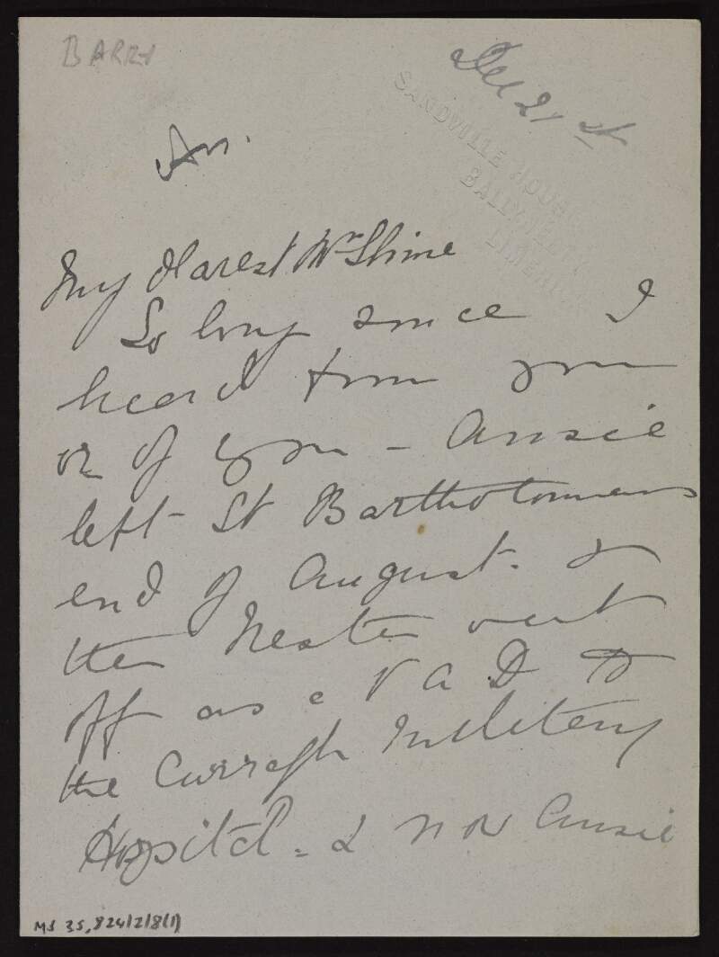 Letter from Frances Barry to Ruth Shine, discussing mutual acquaintances,