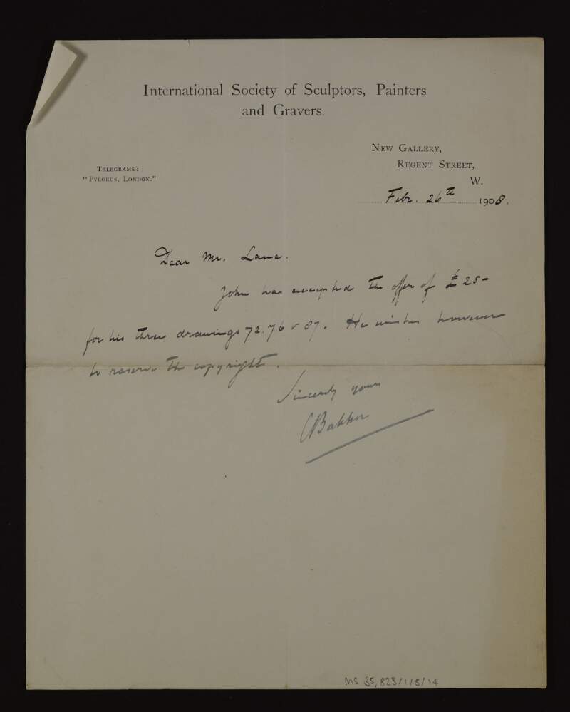 Letter from C. Bakker of the International Society of Sculptors, Painters and Gravers, informing him that Augustus John has accepted the offer of £25 for his three drawings but wishes to reserve the copyright,