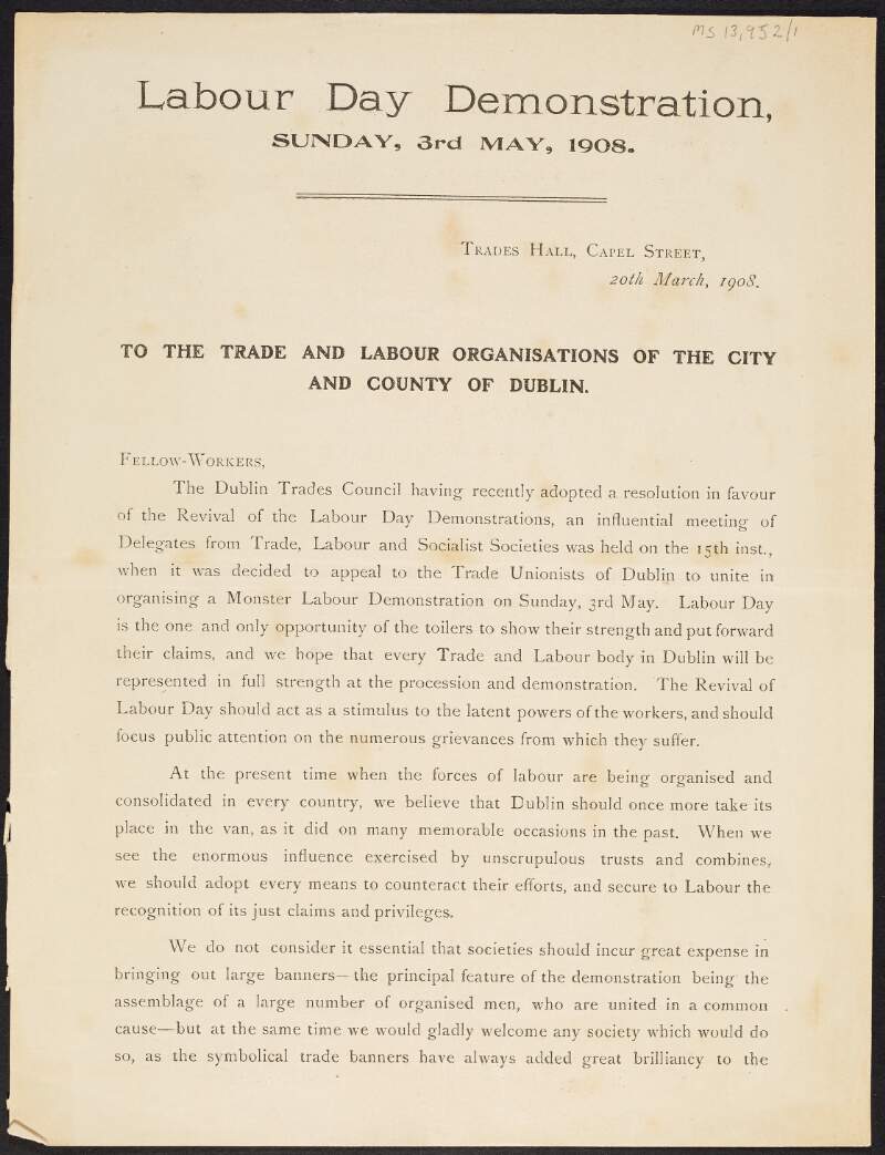 Notice to the trade and labour organisations of the city and and county of Dublin regarding the Labour Day demonstration taking place in May 1908,