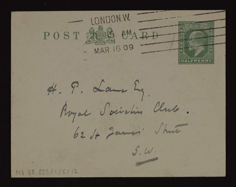 Postcard from C. Bakker to Hugh Lane informing him that "Madam Carpeaux" has sent the 'Imperatrice' to Dublin and hopes it reaches him safely,
