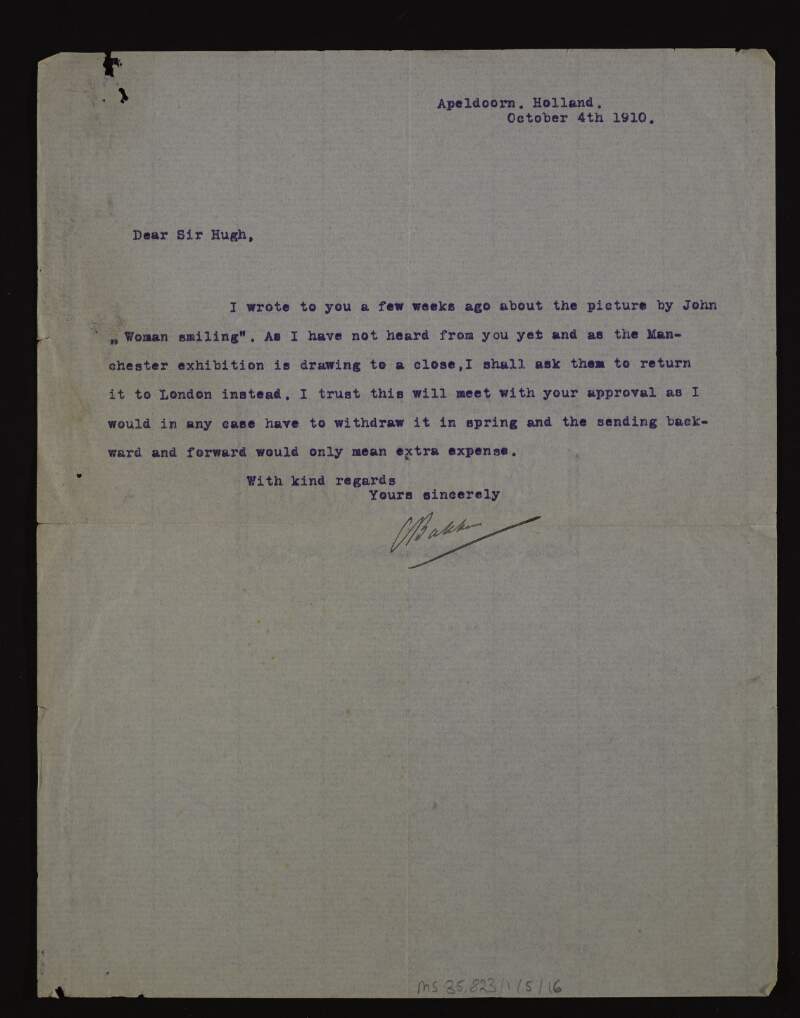 Typescript letter from C. Bakker to Hugh Lane asking for his approval to have the picture 'Woman Smiling' by Augustus John returned to London,