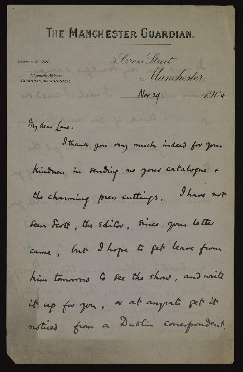 Letter from John Masefield to Hugh Lane thanking him for a catalogue and hoping to see an exhibition organised by Lane and to write an article on Lane's new gallery,