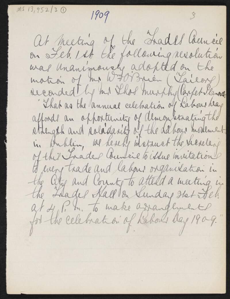 Minutes of the committee for the celebration of Labour Day, 1909 setting out and recording the agenda of each meeting,