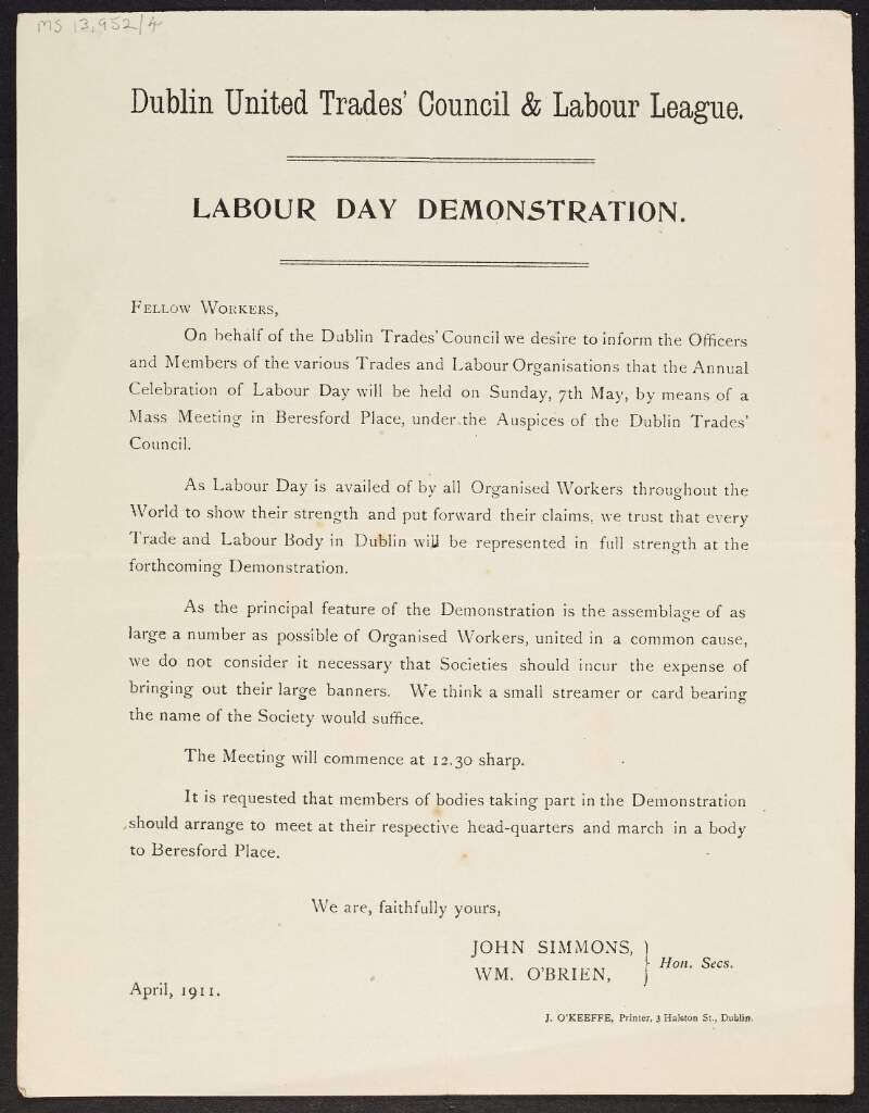 Notice from the Dublin United Trades Council and Labour League informing the officers and members of the date of the annual celebration of Labour day,
