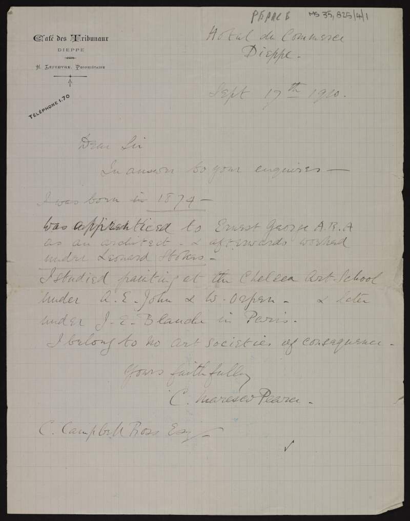 Letter from G. Maresco Pearce to C. Campbell Ross providing some details of his birth and education,