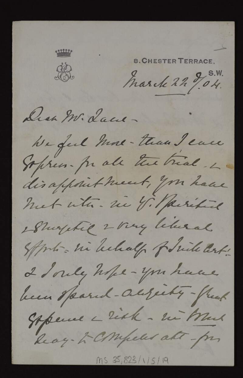 Letter from Elizabeth, Viscountess Bangor to Hugh Lane sending her sympathy for all the trial and disappointment he met with in his efforts on behalf of Irish art,