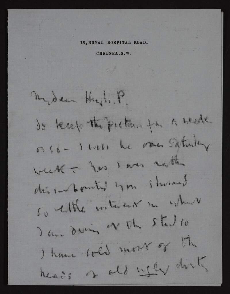 Letter from William Orpen to Hugh Lane telling him to keep a picture for a fortnight and expressing disappointment that Lane showed so little interest in his recent work,