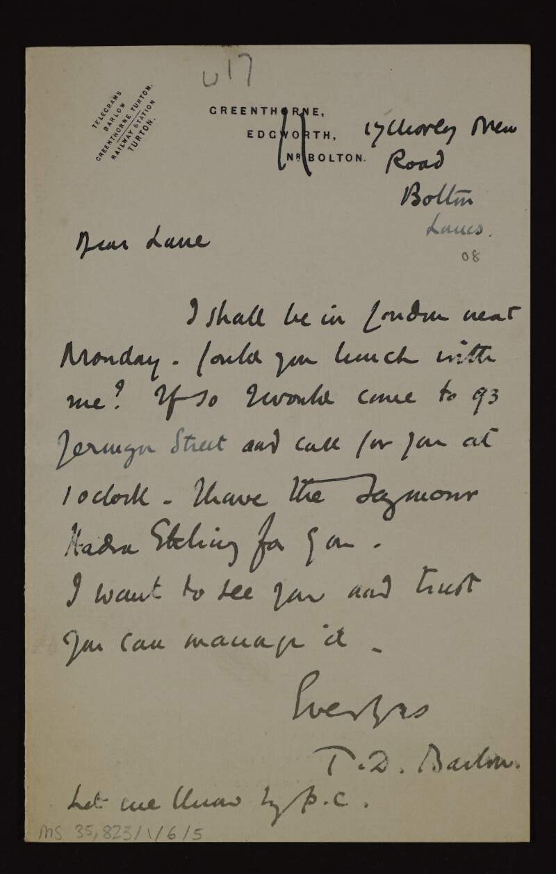 Letter from Thomas D. Barlow to Hugh Lane hoping to see him for lunch in London and informing him that he has an etching by Seymour Haden for him,