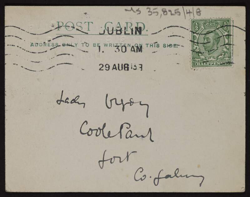 Postcard from T. W. Rolleston to Lady Gregory telling her that "pictures went very well",