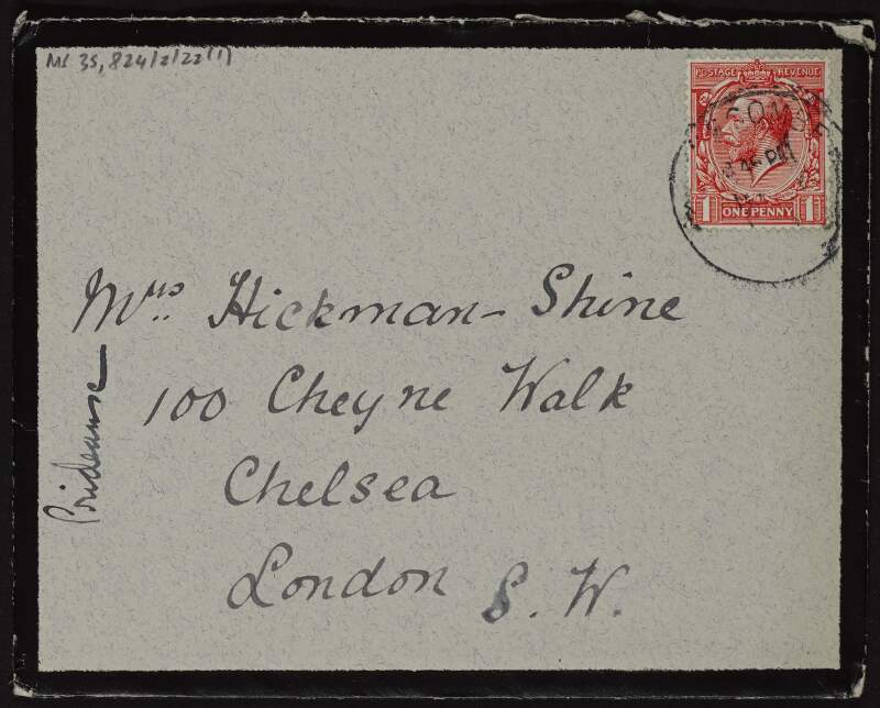Letter from G. L. Pridease to Ruth Shine upon hearing of the news [of the sinking of the RMS Lusitania] and asking if there is any hope that Hugh Lane did not embark on it, and how glad she is that Lady Gregory is in town as she can comfort her,