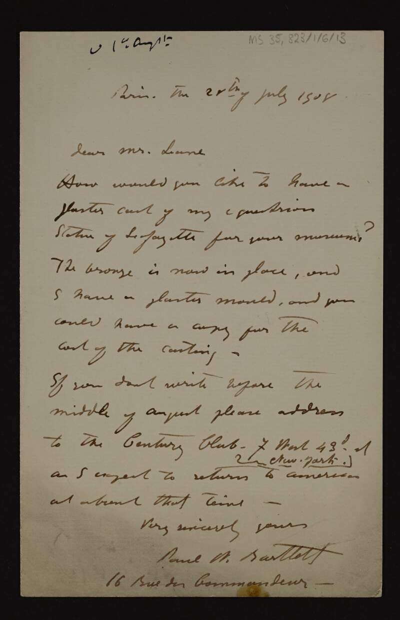 Letter from Paul W. Bartlett to Hugh Lane offering a plaster cast of his bronze statue of Lafayette for his museum,
