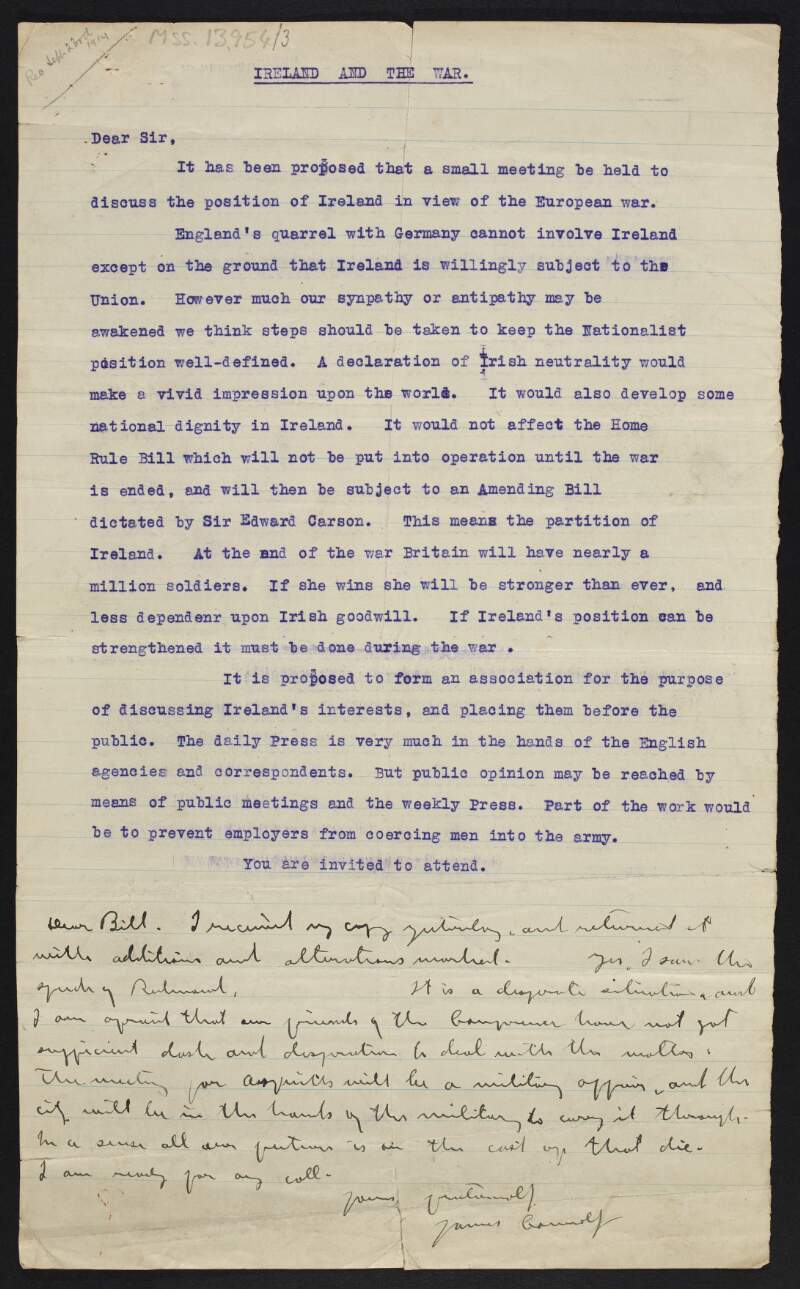 Circular by James Connolly inviting individuals to attend a meeting in order to discuss the war and the subject of neutrality,