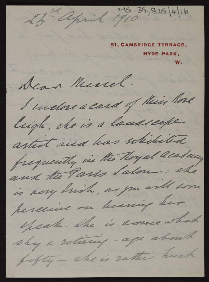 Letter from Henry de Montmorency [to Mr. Messel?] regarding the Irish landscape painter Rose Leigh's willingness to donate one of her paintings to the Municipal Gallery of Modern Art in Dublin,
