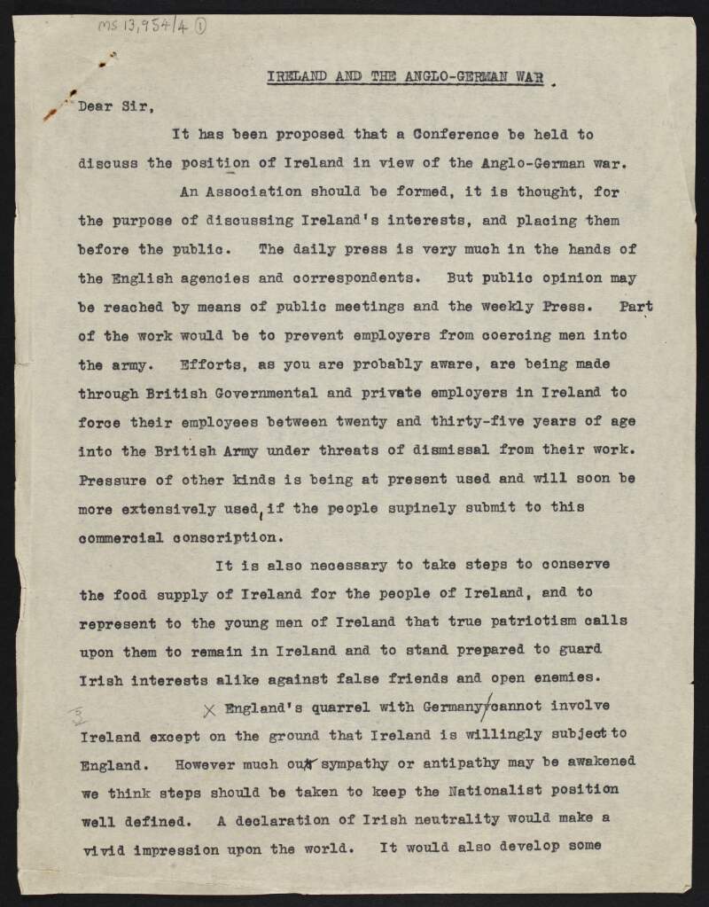 Circular by Sean T. O'Ceallaigh and Seán Miloy calling for the need for an association to be formed with the imminent threat of conscription for the young men of Ireland on the horizon,