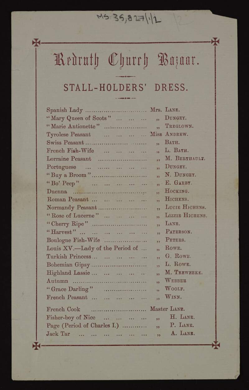List of stall-holders and their dress, for the Redruth Church Bazaar,