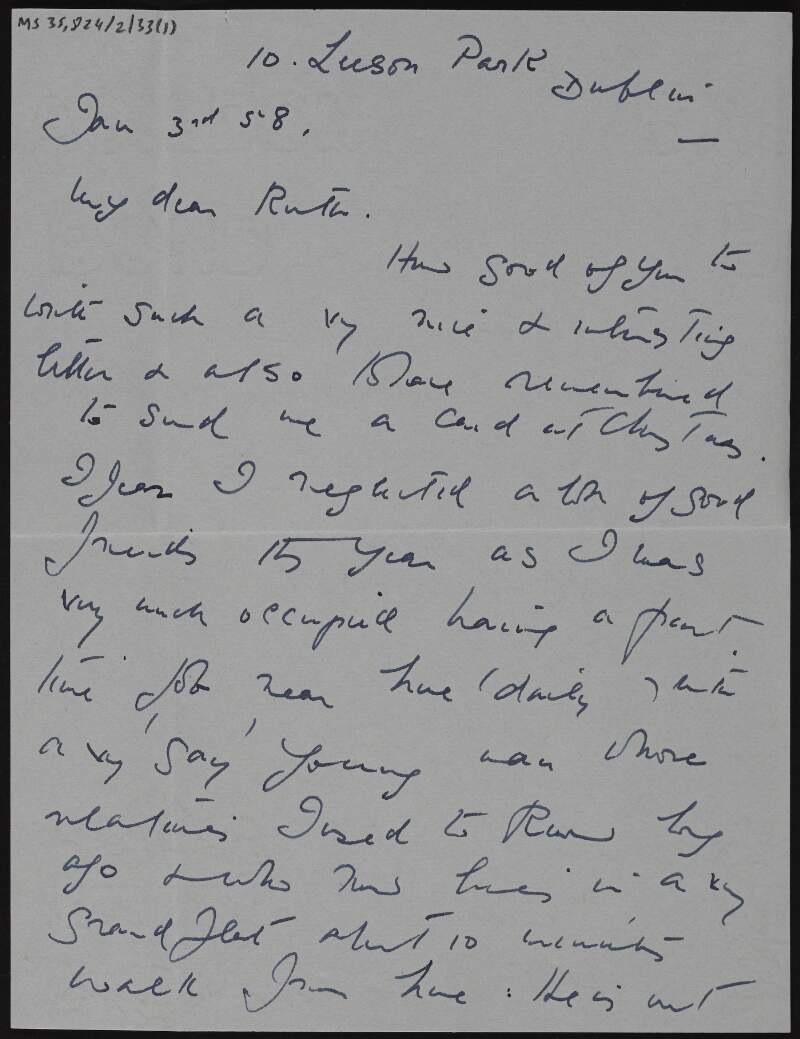 Letter from Millie Farrell to Ruth Shine, apologising for her neglect in writing back as she was preoccupied with a part-time job,