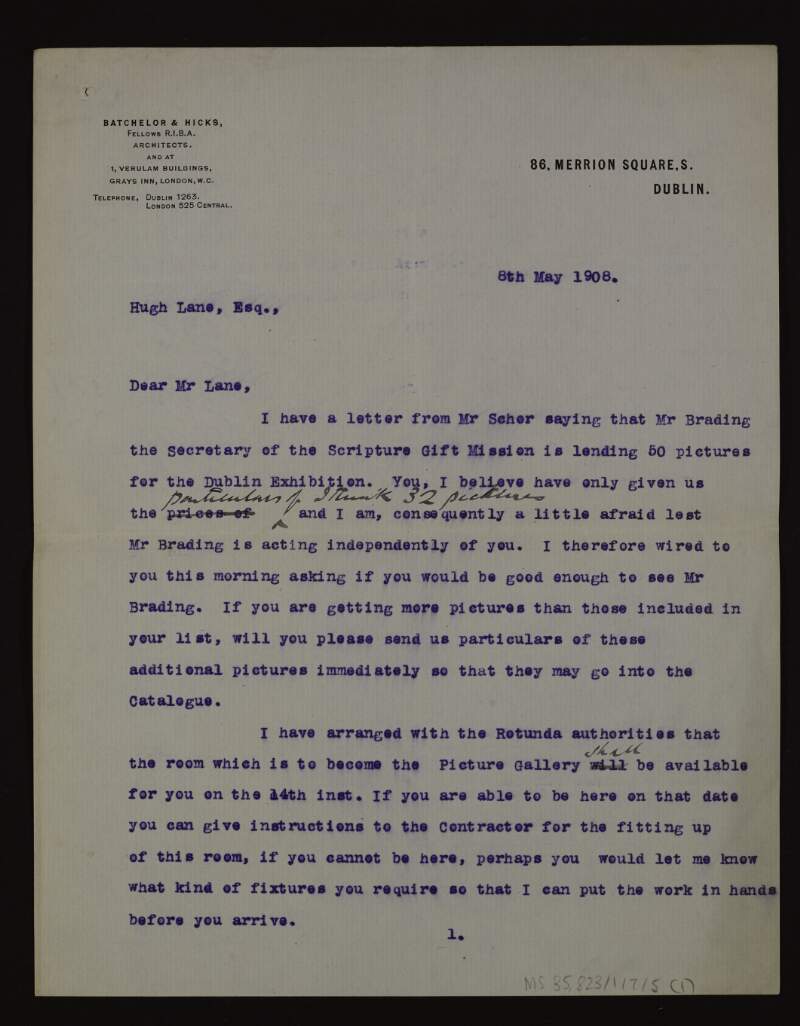 Letter from Frederick Batchelor to Hugh Lane asking him to contact the Secretary of the Scripture Gift Mission regarding a discrepancy in the number of pictures they lent and regarding the insurance costs of the 'Scapegoat' by William Holman Hunt,